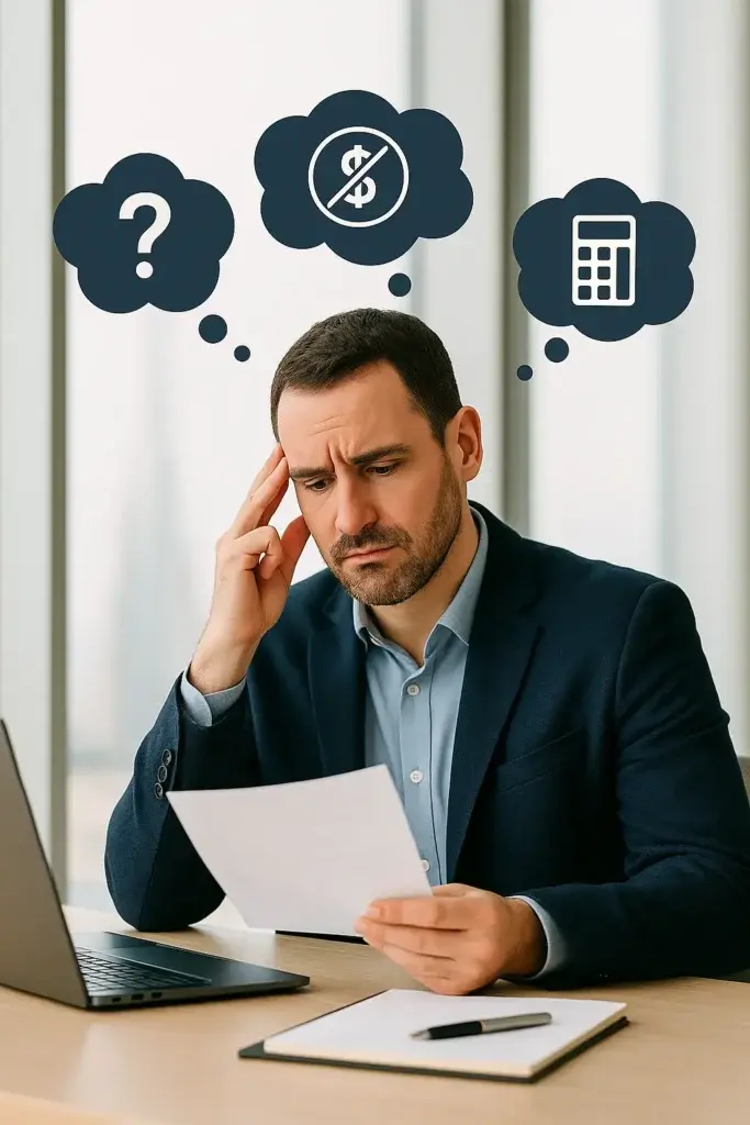 A UAE employee reviews work documents with confusion and uncertainty, thinking about possible errors in gratuity computation.