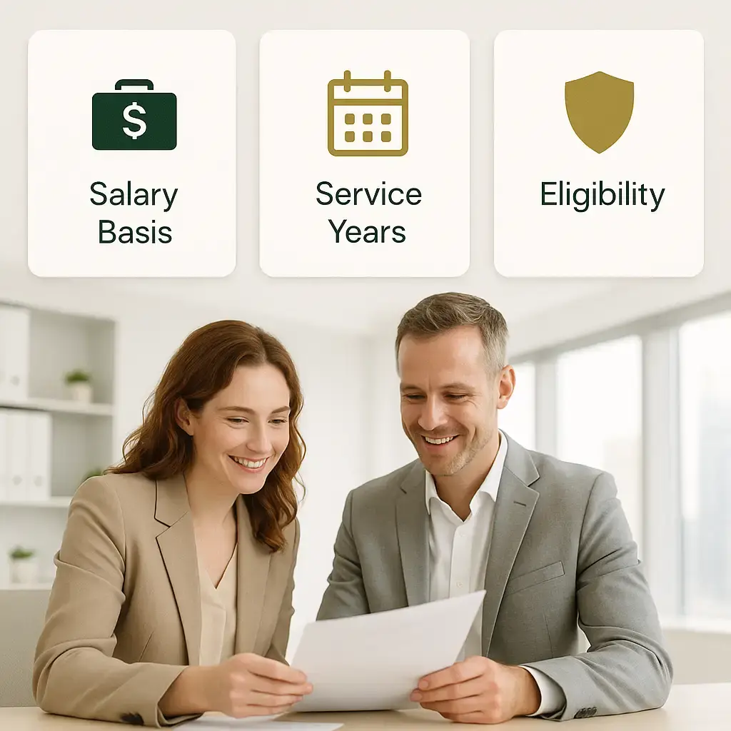 showing icons for salary, service period and eligibility on top and UAE professional reviewing the gratuity document