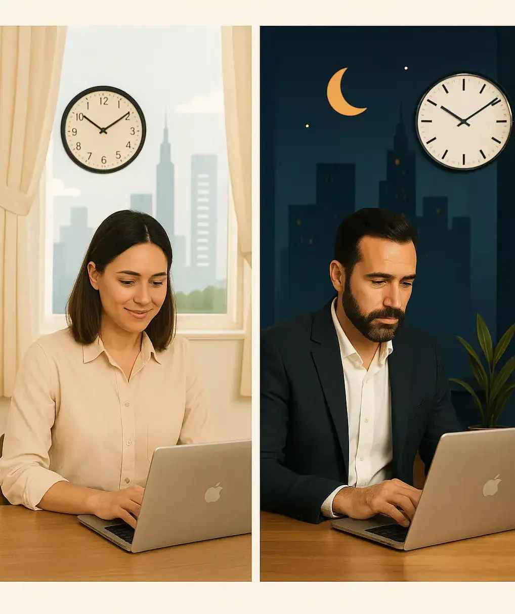 Two people working on laptops in day and night scenes, illustrating flexible part-time and freelance work rules in the UAE.