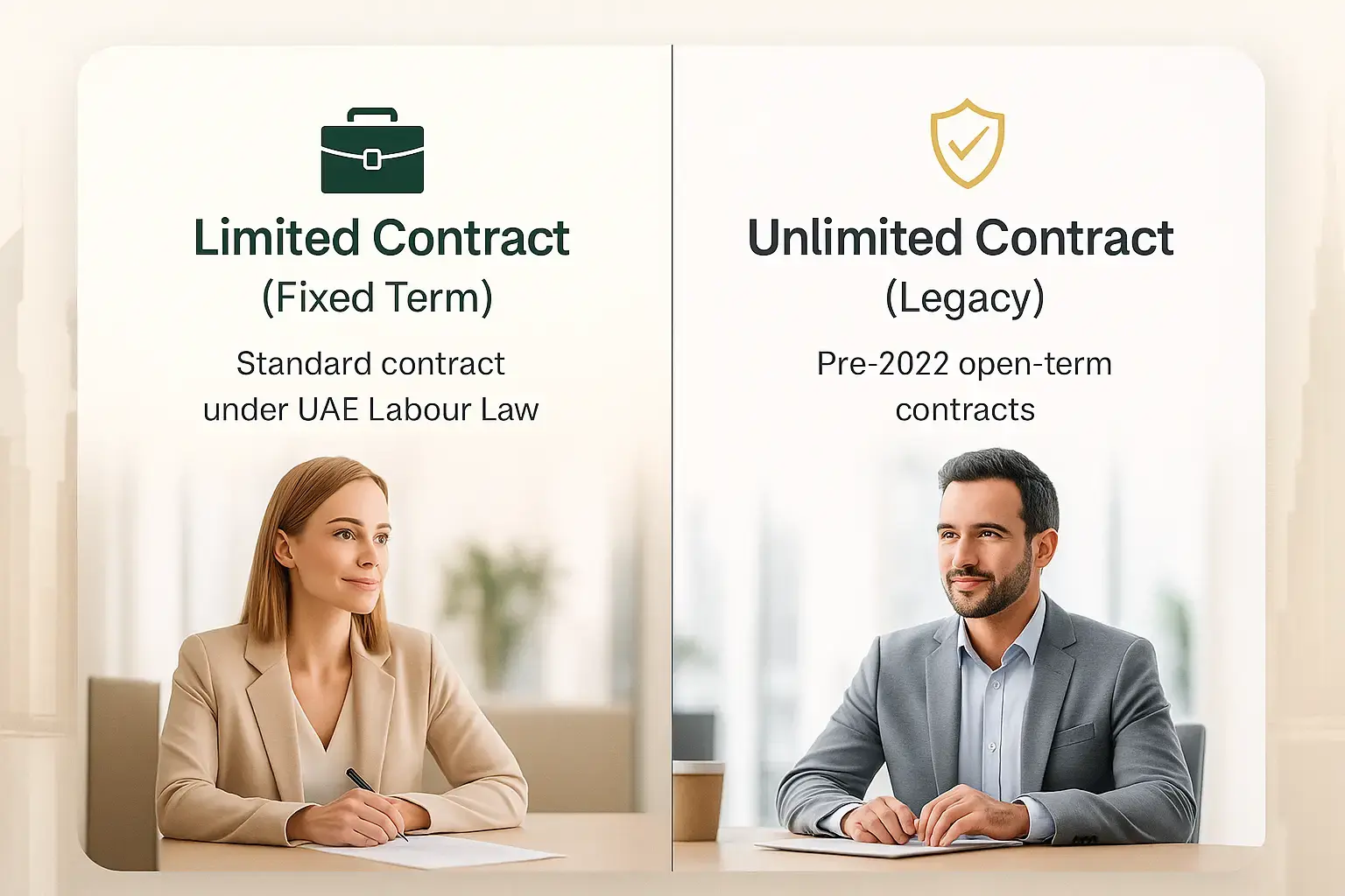 Comparison of limited vs unlimited employment contracts under UAE Labour Law, shown with professional workplace imagery.