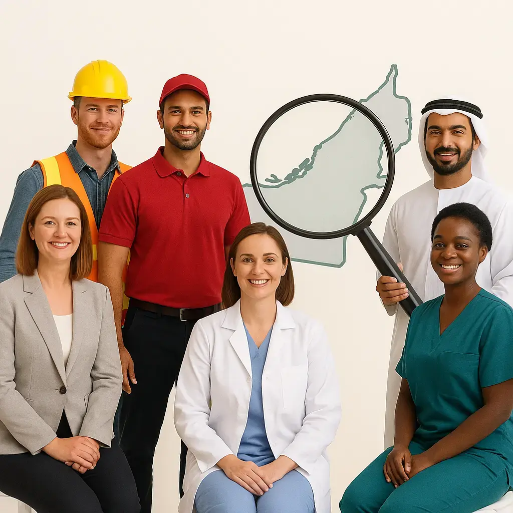 Diverse group of UAE professionals with a magnifying glass over a map of the country